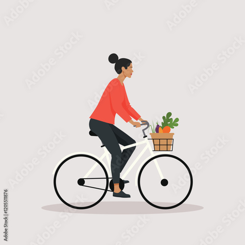 A woman riding a white bicycle. The bicycle has a basket in front filled with vegetables like carrots and greens, millennial lifestyle, daily routine