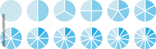  Circle section graph, Pie chart round. Pie chart set. Circle icons for infographic, UI, web design, business presentation. Colorful diagram collection with 2,3,4,5,6 sections or steps