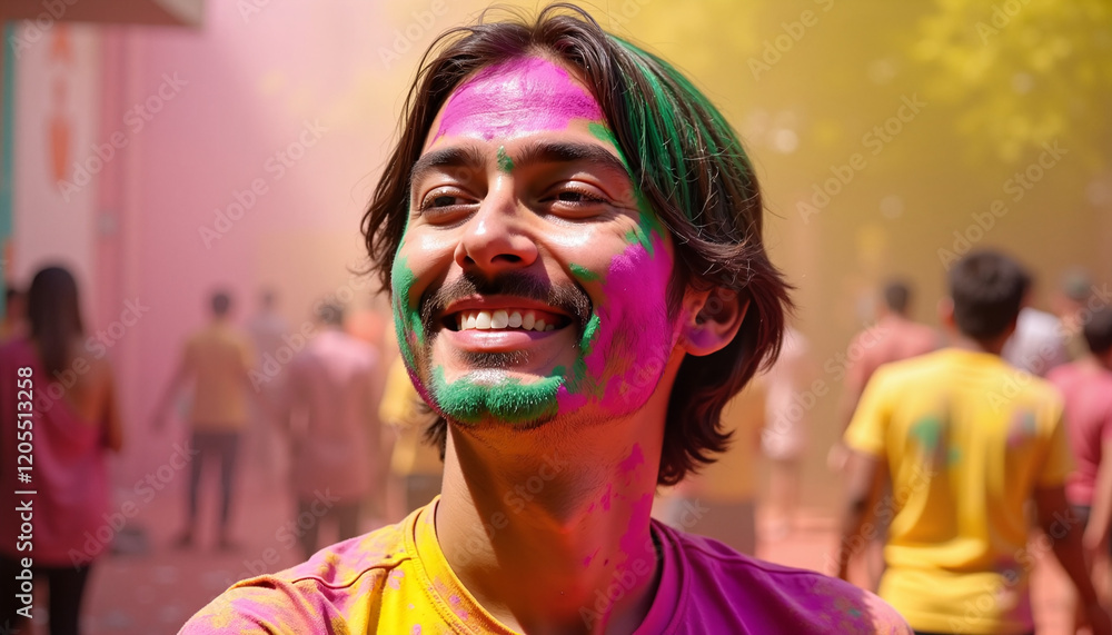 Smiling man covered in colorful powder during Holi festival Smiling man covered in colorful powder during Holi festival
