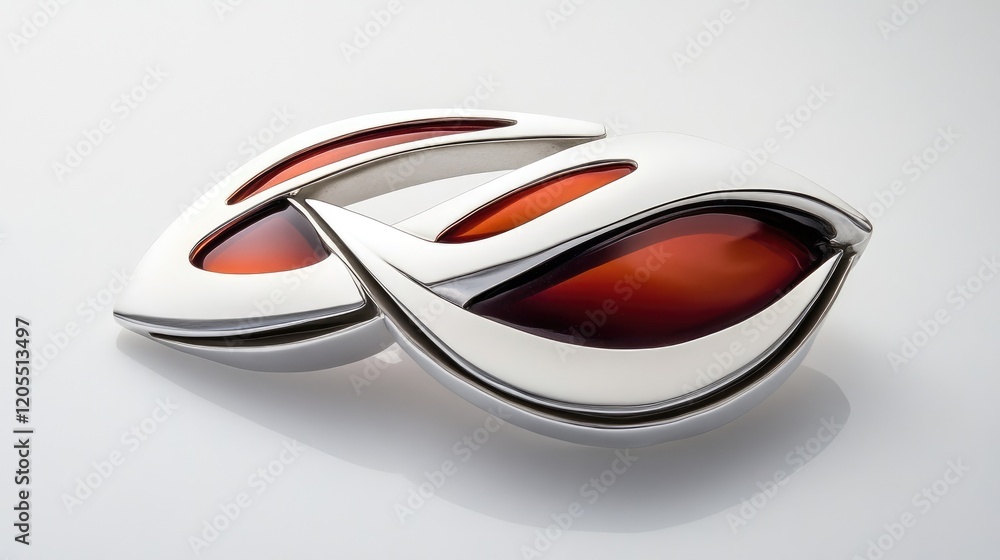 A modern brooch with abstract metallic shapes, set on a metallic silver background. A modern brooch with abstract metallic shapes, set on a metallic silver background.