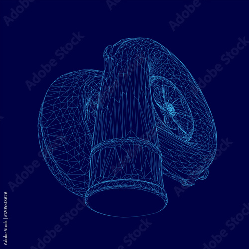 Blue drawing of a car turbo part of engine with a blue outline. The engine is a turbo and the drawing is in blue