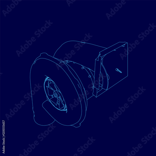 Blue drawing of a car turbo part of engine with a blue outline. The engine is a turbo and the drawing is in blue