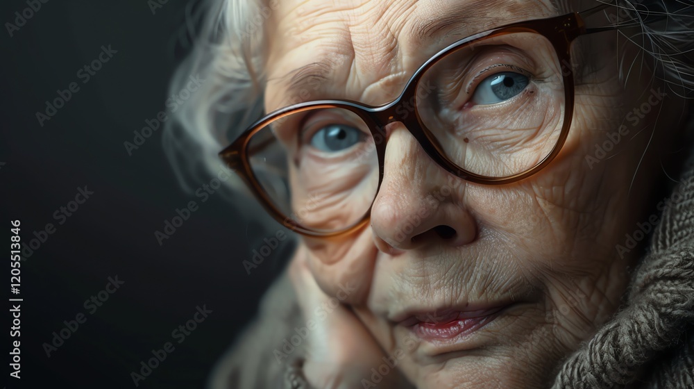 An elderly woman with glasses looks thoughtfully at the camera. An elderly woman with glasses looks thoughtfully at the camera.