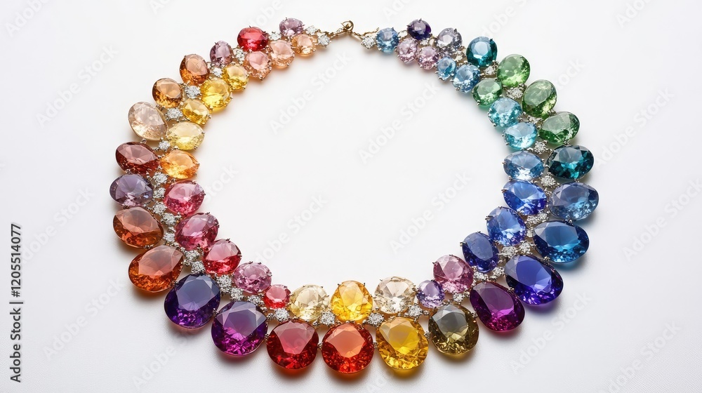A necklace with multi-colored gemstones arranged in a gradient, photographed on a white background for clarity. A necklace with multi-colored gemstones arranged in a gradient, photographed on a white background for clarity.
