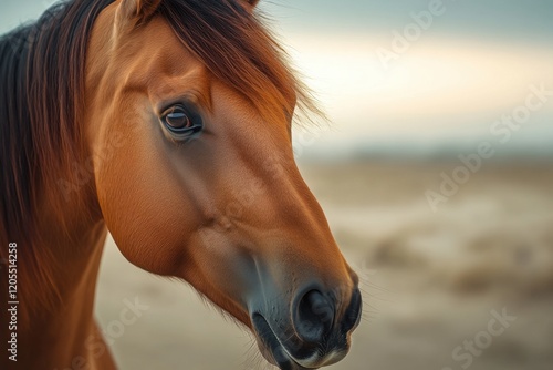 Beautiful brown horse stands majestically during golden hour in a serene landscape with blurred background photo