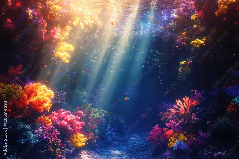 Fototapeta premium Vibrant underwater coral reef with colorful marine life illuminated by sunlight