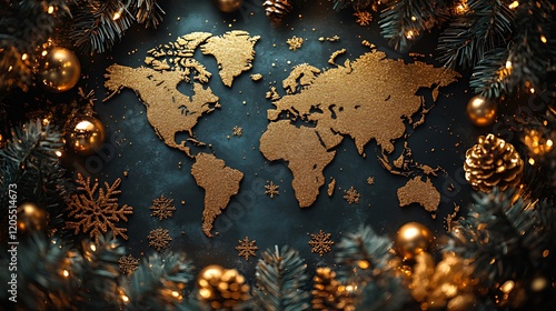 Golden World Map, Christmas Decorations, Festive Background, Holiday Greetings