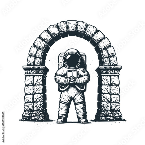 Cute astronaut stands under the keystone archway gate. Black white vector icon and logo illustration.	
