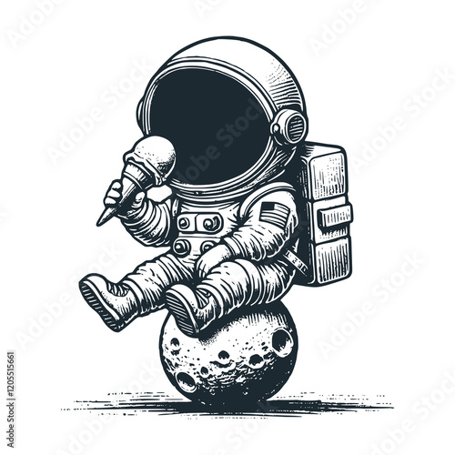 Cute astronaut squatting on a tiny meteor and hold a ice cream. Black white vector icon and logo illustration.
