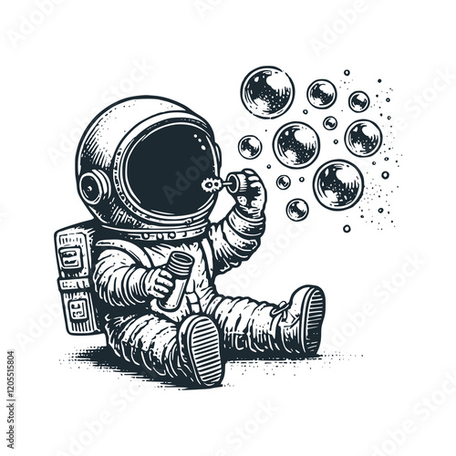 Cute astronaut blowing bubbles in zero gravity. Black white vector icon and logo illustration.
