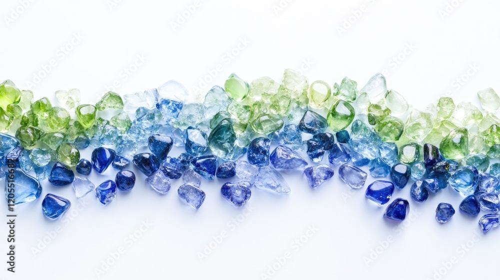 Blue and green gemstones arranged in a wave pattern on a white glossy background. Blue and green gemstones arranged in a wave pattern on a white glossy background.