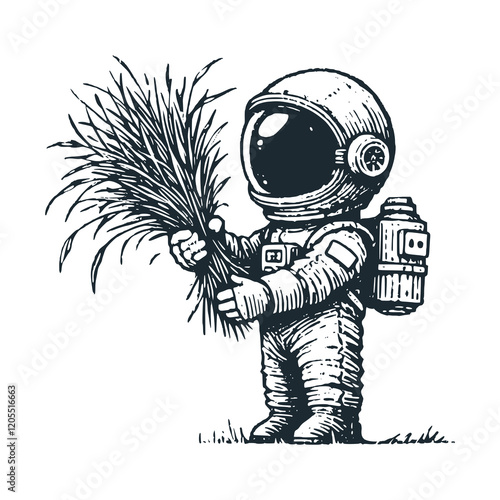 Cute astronaut harvest wheat and hold it. Black white vector icon and logo illustration.	