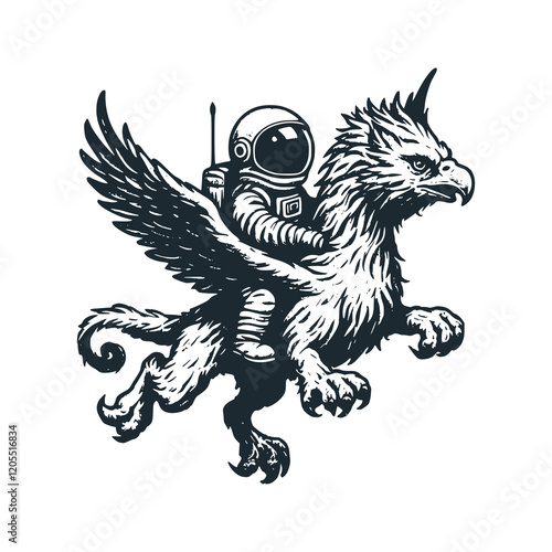 Cute astronaut ride on griffin. Black white vector icon and logo illustration.	