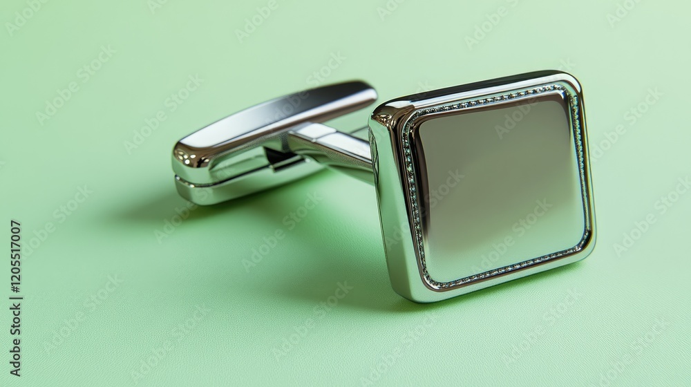Close-up of cufflinks with a classic square shape against a gradient green background. Close-up of cufflinks with a classic square shape against a gradient green background.