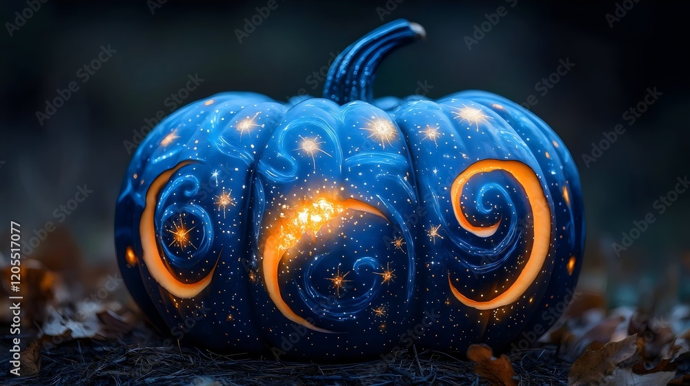 Fototapeta premium A blue pumpkin with stars and a light inside