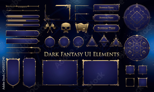 Set of Dark Fantasy Elements for user interface, poster, video. Fantasy magic HUD. Template for rpg game interface. Vector Illustration EPS10