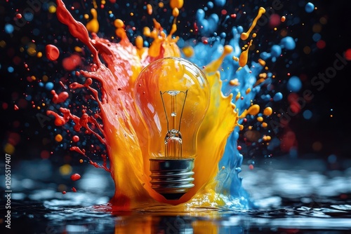 exploding lightbulb releasing vibrant paint splashes against deep black background symbolizing creative breakthrough with dynamic color bursts and frozen motion photo