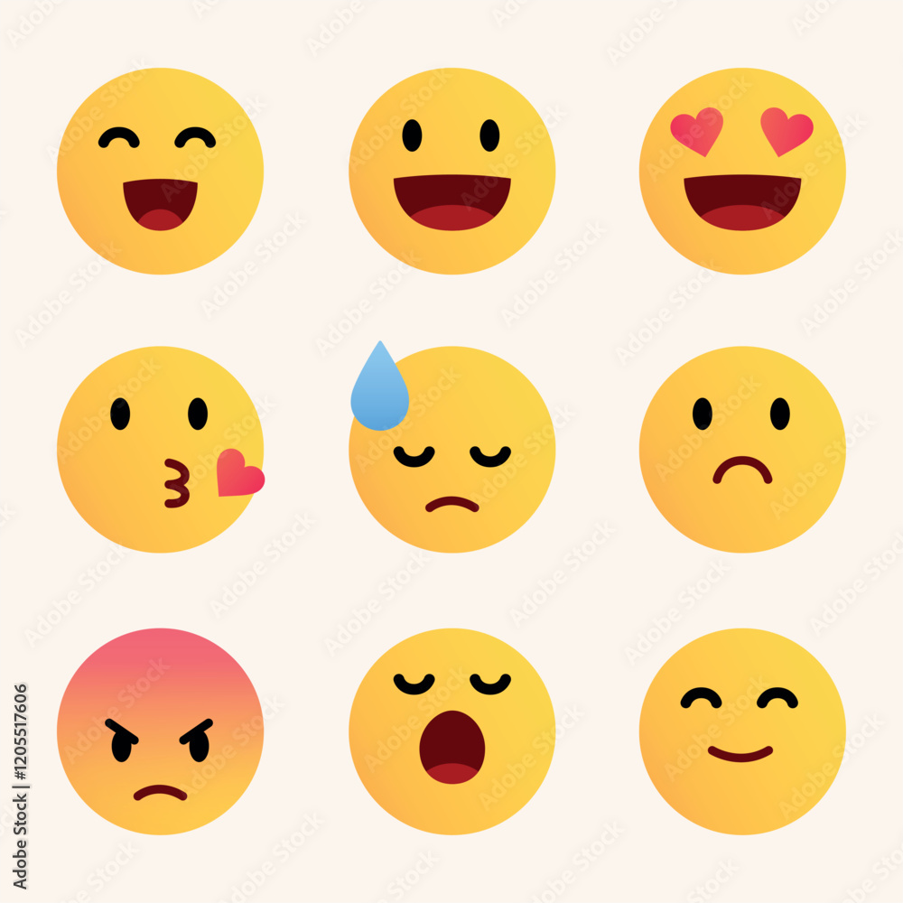 Set of Cute Emoji Faces - Expressions of Happiness, Love, Sadness, and Anger Set of Cute Emoji Faces - Expressions of Happiness, Love, Sadness, and Anger