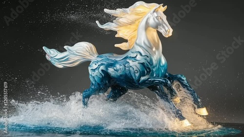 a proud water figure with a tall, upright posture, radiating boundless energy and endurance. its mane flows like cascading ocean waves, glowing with a soft, pearlescent light. the figure’s powerful le