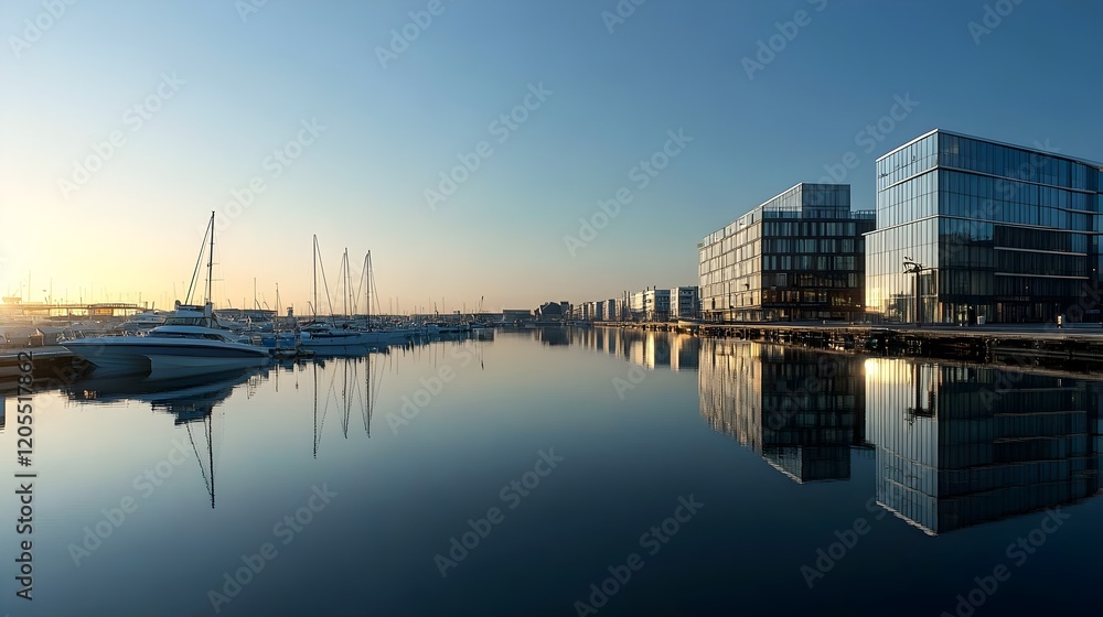 Fototapeta premium Tranquil Morning at Aarhus Harbor with Boats and Reflections