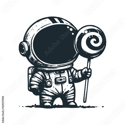 cute astronaut holding a lollipop. Black white vector icon and logo illustration.	