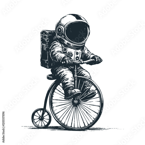 Cute astronaut ride penny farthing bike . Black white vector. Icon and logo illustration.	