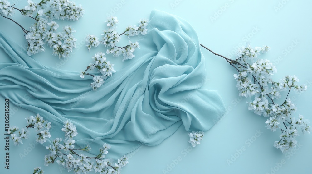 Flowing chiffon skirt placed on a pale blue background, creating a calming and serene aesthetic. Flowing chiffon skirt placed on a pale blue background, creating a calming and serene aesthetic.