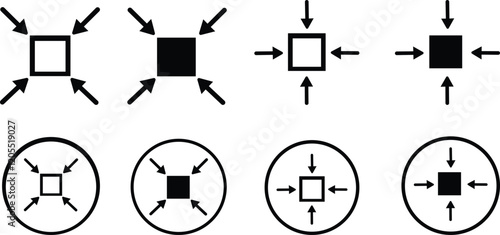 Minimize icon.Minimize icon rally compact size small scale arrows icons . shrink icon resize in arrows.minimize icon four 4 arrows icon meeting point.Minimize Icon with reflection on white background.