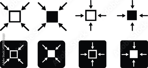 Minimize icon.Minimize icon rally compact size small scale arrows icons . shrink icon resize in arrows.minimize icon four 4 arrows icon meeting point.Minimize Icon with reflection on white background.