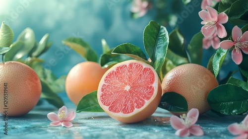 Fresh grapefruit and flowers on a vibrant background