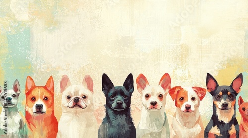 Colorful Illustration of Various Dog Breeds in a Line