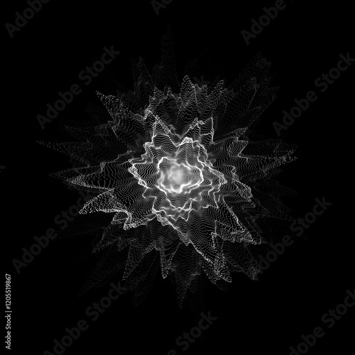 Vector digital technology wave. Dark cyberspace with black motion dots. Explosion of a wave of particles in a flow. Futuristic digital background. Big data analytics.