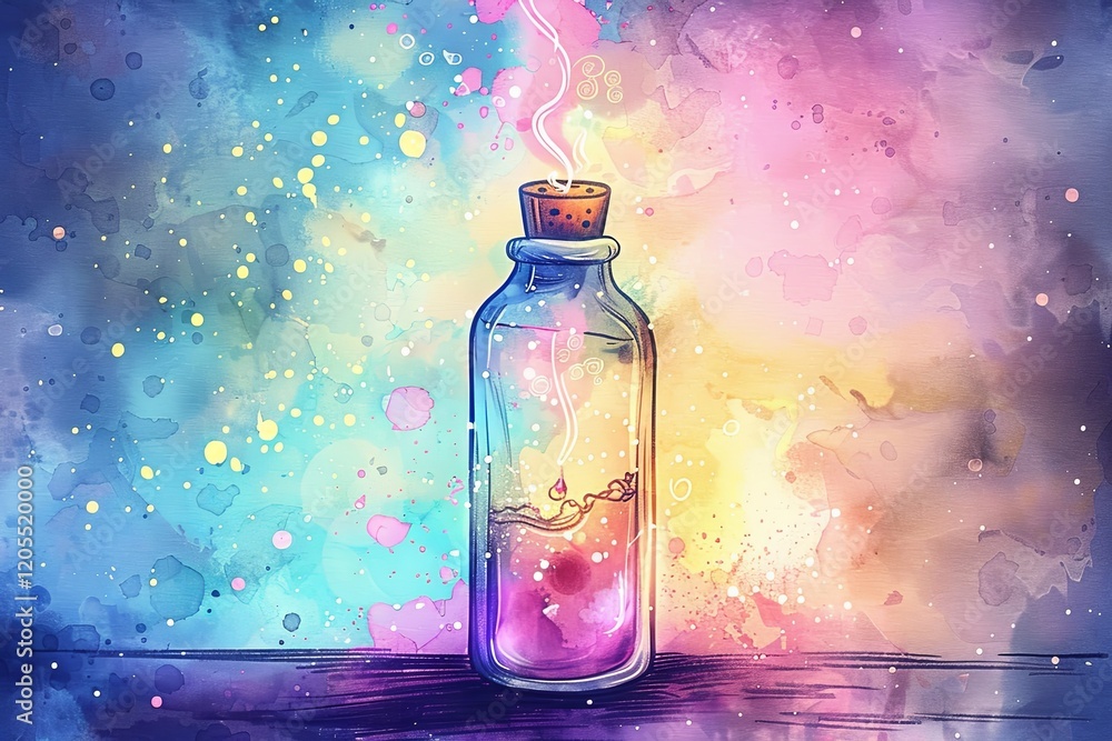 Glass bottle with glowing contents and cork stopper on vibrant watercolor background. Fantasy-themed digital illustration. Glass bottle with glowing contents and cork stopper on vibrant watercolor background. Fantasy-themed digital illustration.