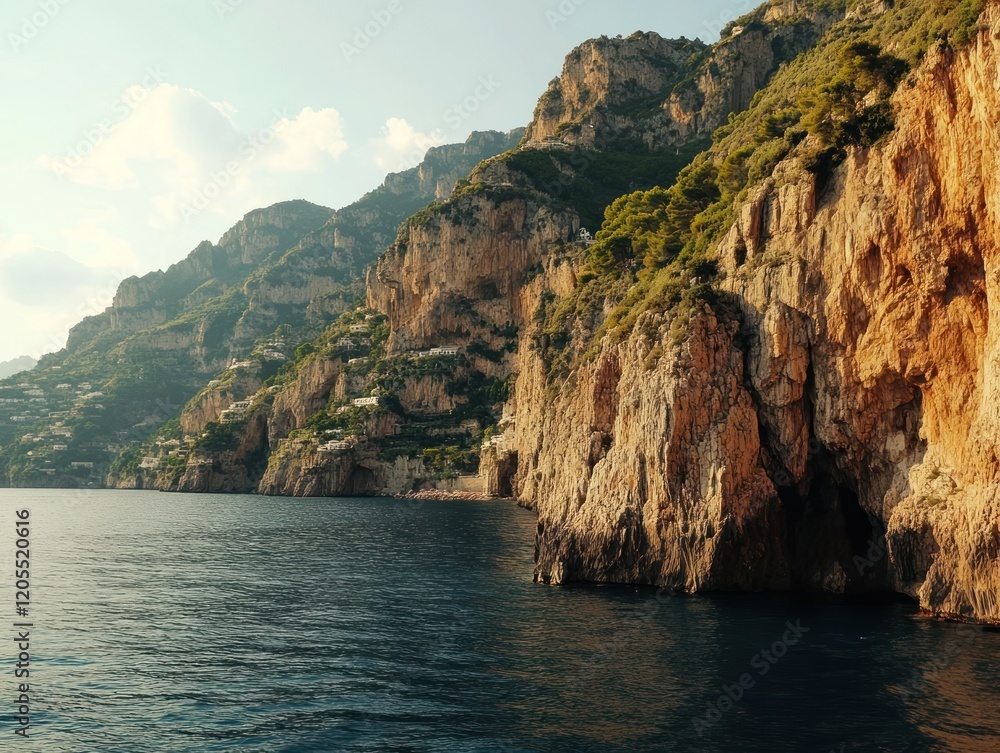 Naklejka premium A Stunning Cliffside View with Coastal Homes and the Deep Blue Sea