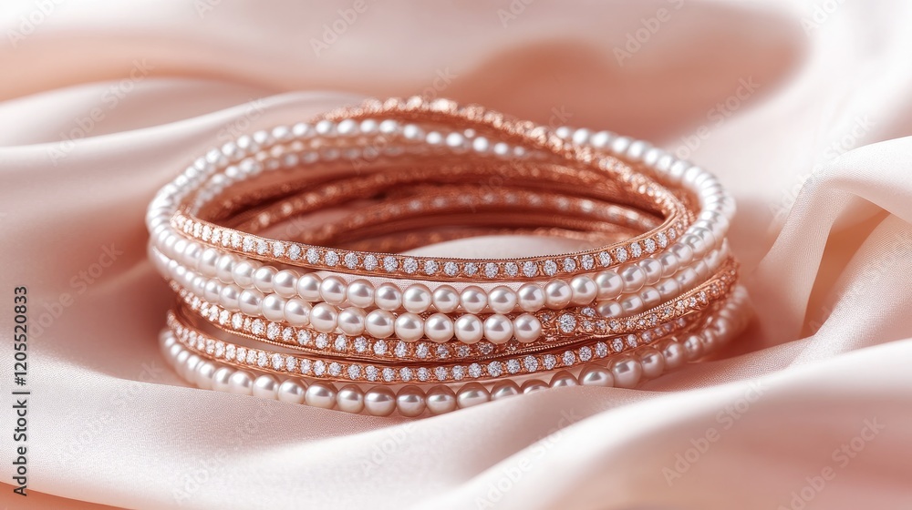 Fototapeta premium Pearl bracelets stacked elegantly on a white satin fabric with a muted pink background.