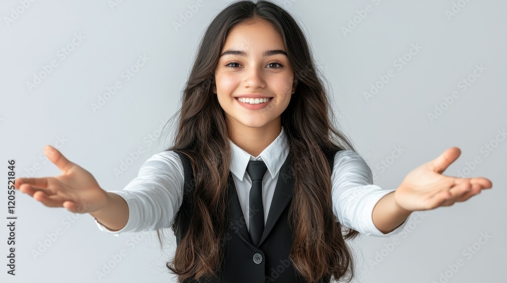 Young Woman in Professional Vest and Tie with Open Arms Gesture Young Woman in Professional Vest and Tie with Open Arms Gesture