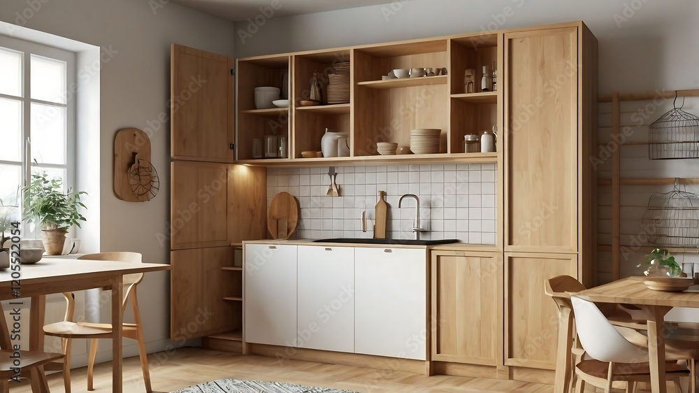 Fototapeta premium The pantry cabinet is a versatile storage unit designed for organizing food, kitchen essentials, and other items. It maximizes space with shelves, drawers, or doors, offering easy access and a tidy ki