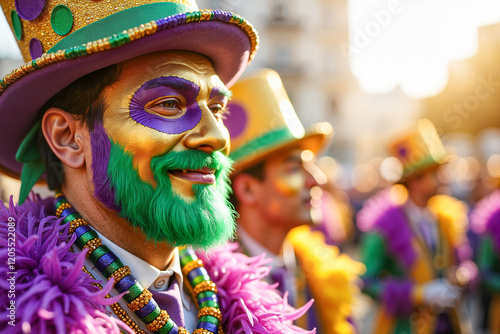 Festive performer smiling with vibrant green beard and golden paint at Mardi Gras Carnival, showcasing colorful boa in bright sunlight, celebration of joy. photo