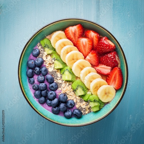 カラフルでヘルシーなブレイクファーストボール（Colorful healthy breakfast bowl, top view）
 photo