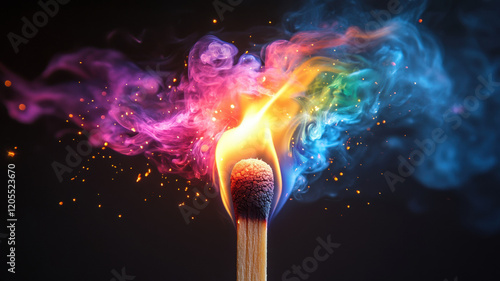 A macro shot of a lit match against a black background, with a vibrant neon flame in pink, blue, green, and yellow, emitting rainbow sparks and colorful smoke tendrils.