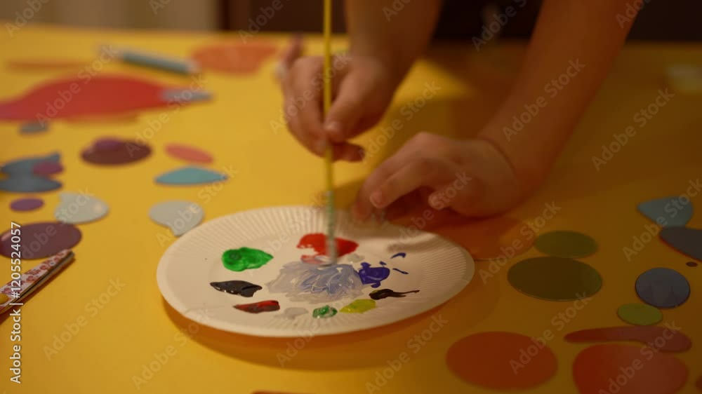 The child draws and mixes the colors on the palette The child draws and mixes the colors on the palette