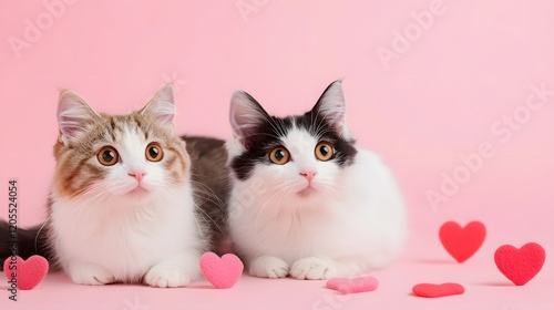 Adorable Kittens with Heart-Shaped Decorations on Pink Background