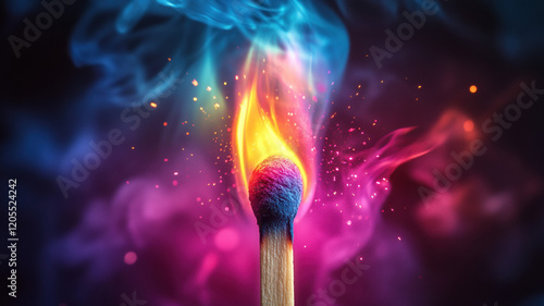 A macro shot of a lit match against a black background, with a vibrant neon flame in pink, blue, green, and yellow, emitting rainbow sparks and colorful smoke tendrils.