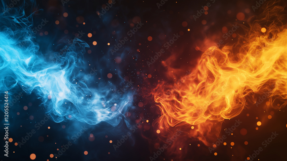Dynamic abstract background showcasing contrast of blue fire and orange flames, creating captivating visual of hot and cold elements Dynamic abstract background showcasing contrast of blue fire and orange flames, creating captivating visual of hot and cold elements