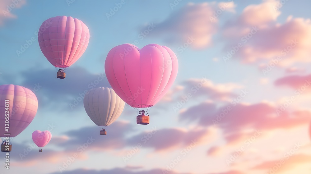 Fototapeta premium Romantic Heart-Shaped Hot Air Balloons Floating in Colorful Sky