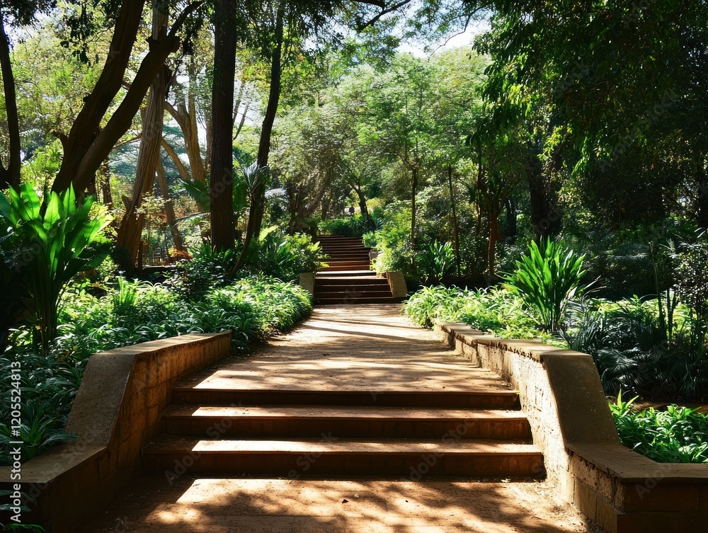 A Scenic Pathway Leading Upwards through a lush green garden with trees and plants A Scenic Pathway Leading Upwards through a lush green garden with trees and plants