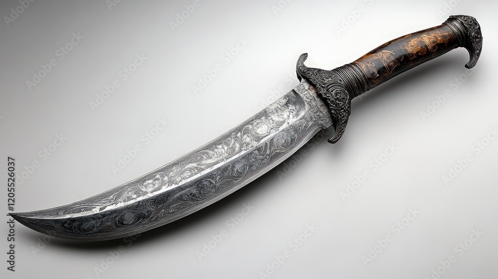 Ornate, curved dagger; etched blade, carved handle. Ornate, curved dagger; etched blade, carved handle.