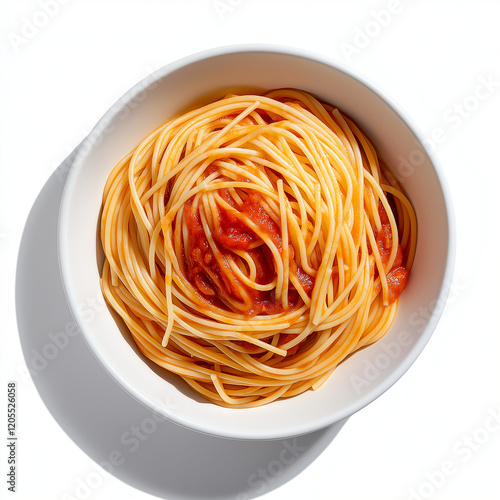 top view of bowl filled with spaghetti in rich tomato sauce, showcasing delicious and inviting meal. Perfect for pasta lovers and food enthusiasts