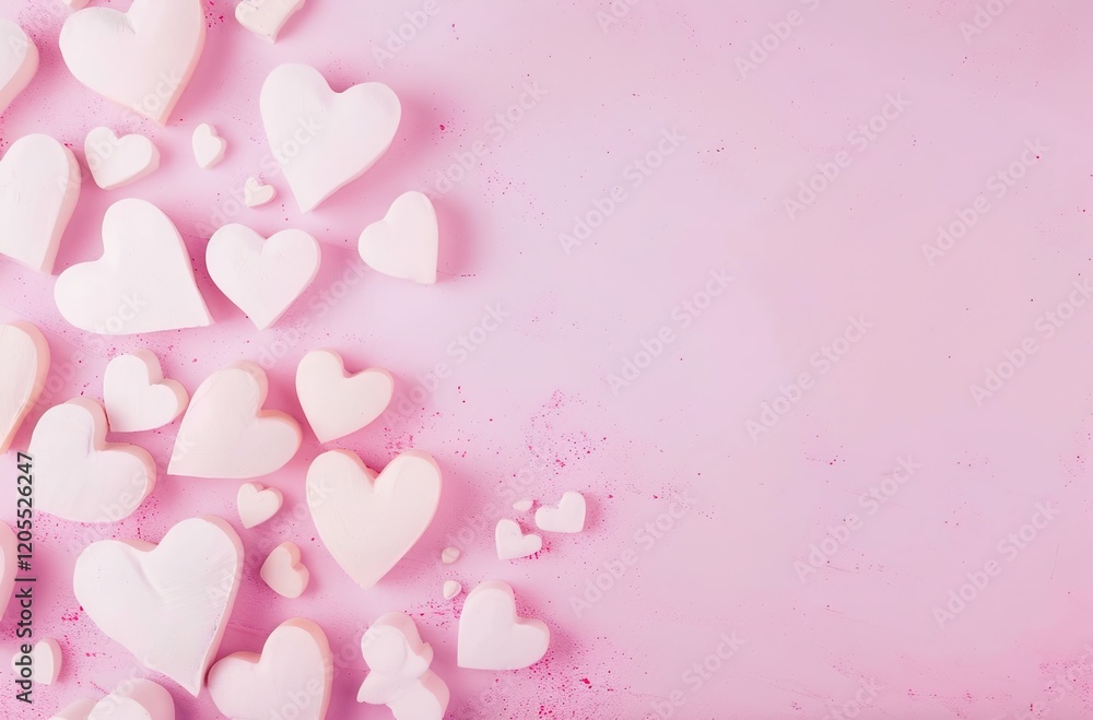 Paper pink hearts fly on soft pink color background, border, copy space. Valentine day concept for design. Paper pink hearts fly on soft pink color background, border, copy space. Valentine day concept for design.