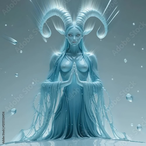 a humanoid water figure with an aura of wisdom and balance, its gentle demeanor radiating peace and stability. elegant, curving horns rise from its head, formed of crystalline water that glimmers fain